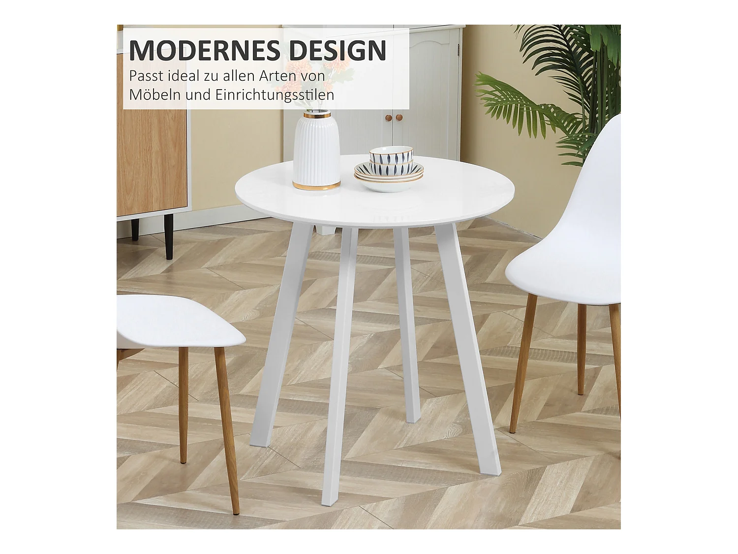 Table ronde à pieds biseautés, MDF, blanc brillant (72x72x75 cm)