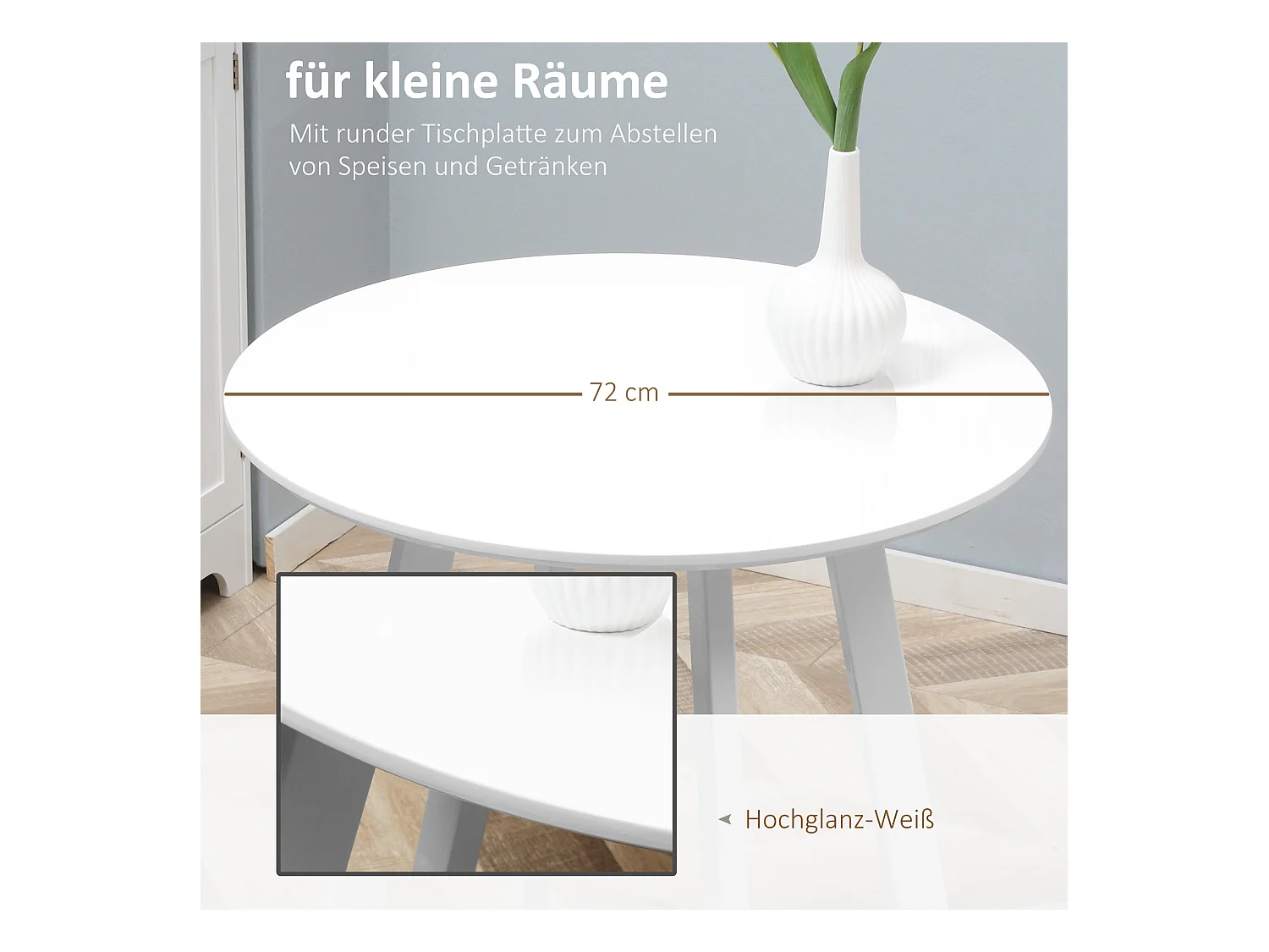 Table ronde à pieds biseautés, MDF, blanc brillant (72x72x75 cm)