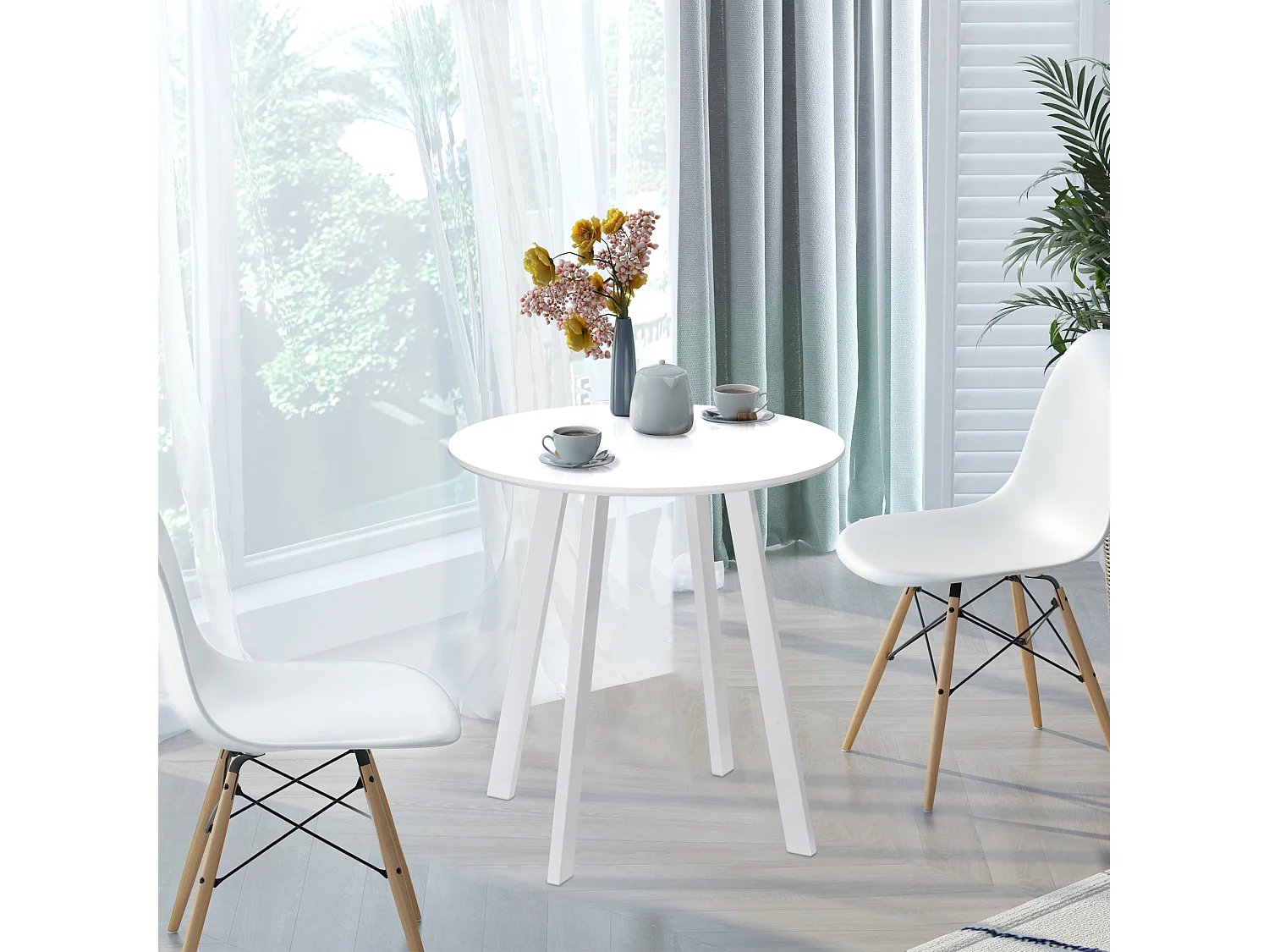 Table ronde à pieds biseautés, MDF, blanc brillant (72x72x75 cm)