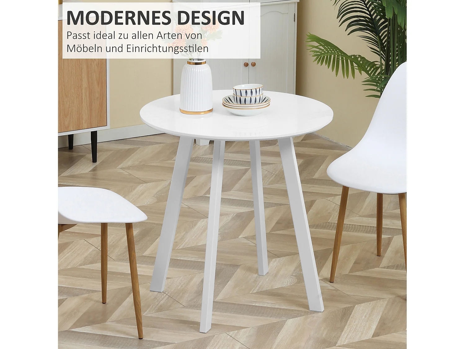 Table ronde à pieds biseautés, MDF, blanc brillant (72x72x75 cm)