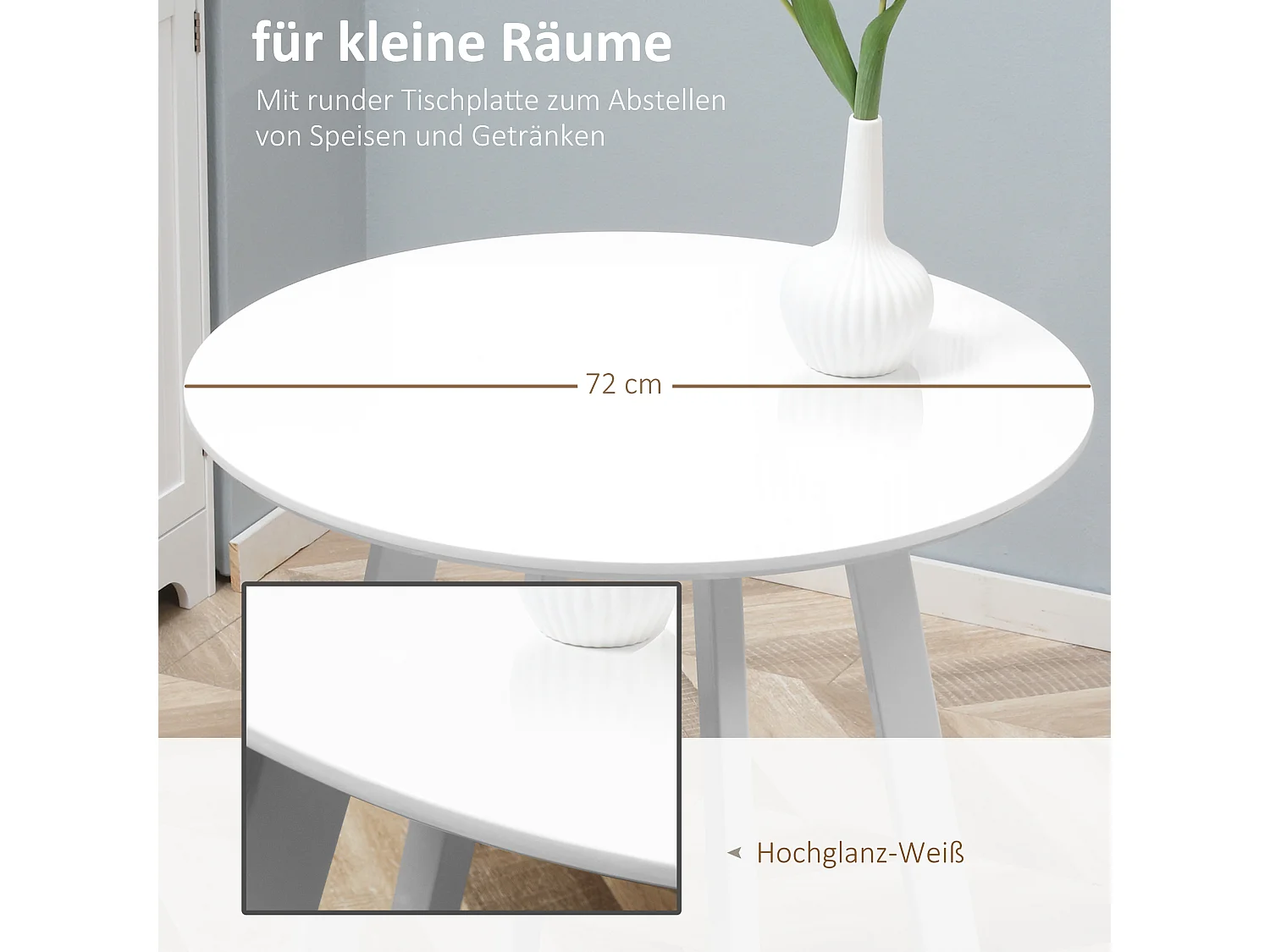 Table ronde à pieds biseautés, MDF, blanc brillant (72x72x75 cm)