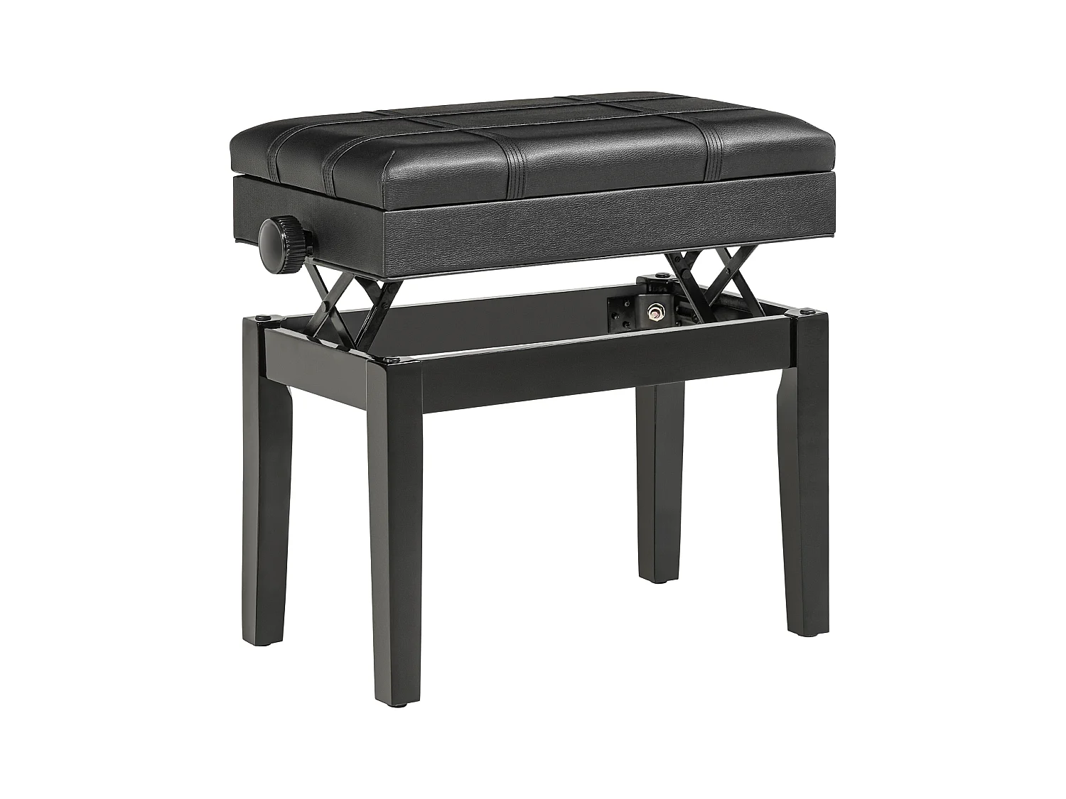 Banc de piano réglable avec espace de rangement, coussin en cuir, structure en bois, noir (63x35x46-56 cm)