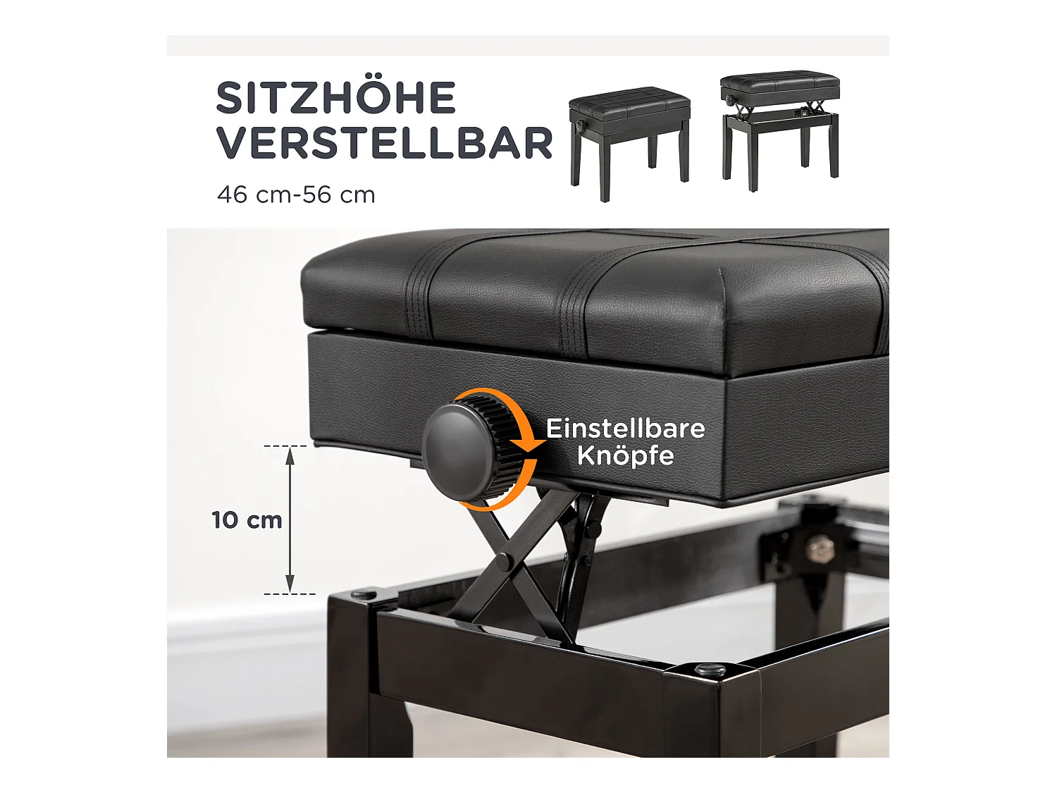 Banc de piano réglable avec espace de rangement, coussin en cuir, structure en bois, noir (63x35x46-56 cm)