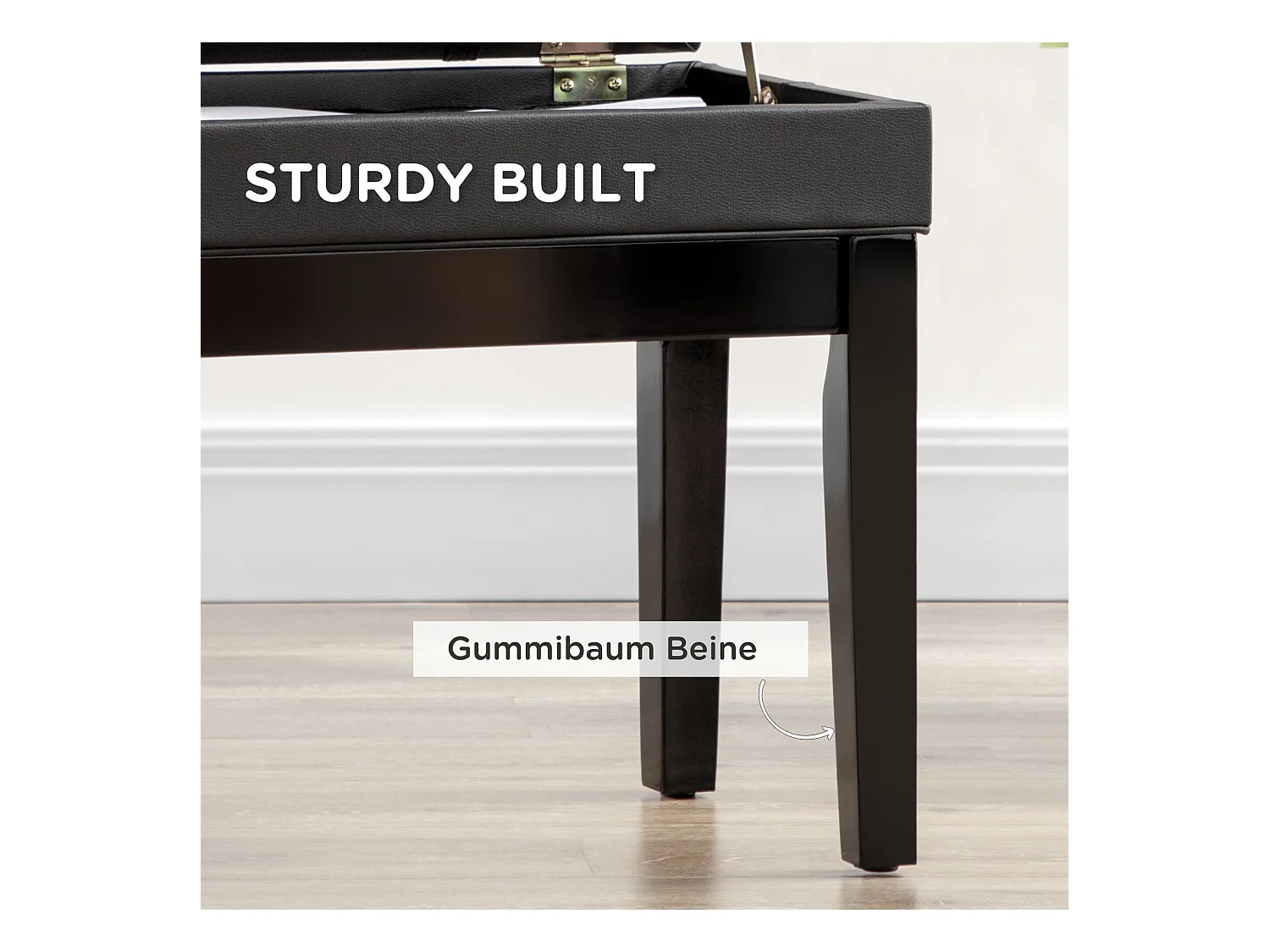 Banc de piano réglable avec espace de rangement, coussin en cuir, structure en bois, noir (63x35x46-56 cm)