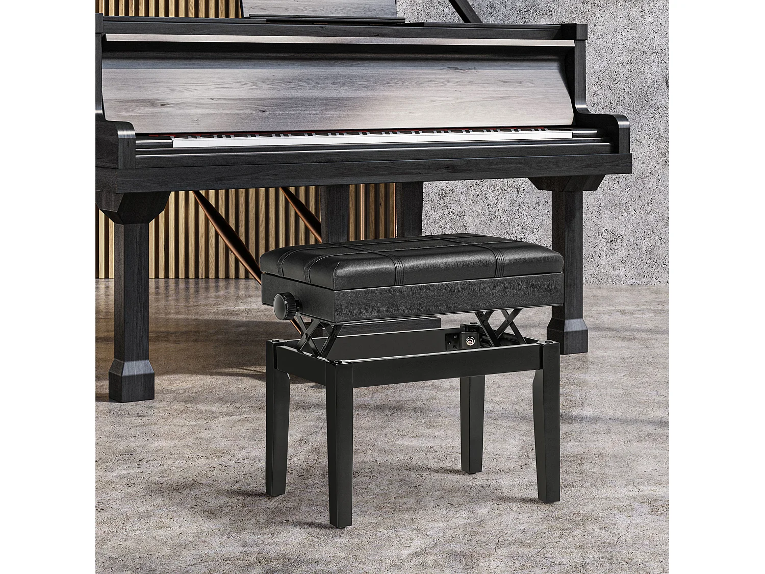Banc de piano réglable avec espace de rangement, coussin en cuir, structure en bois, noir (63x35x46-56 cm)
