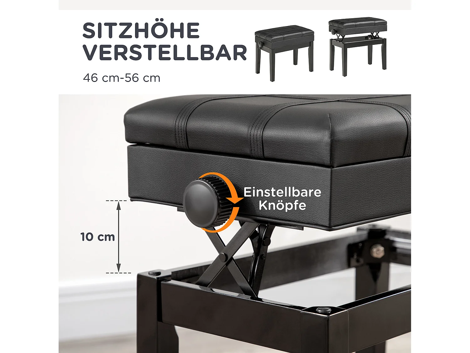 Banc de piano réglable avec espace de rangement, coussin en cuir, structure en bois, noir (63x35x46-56 cm)