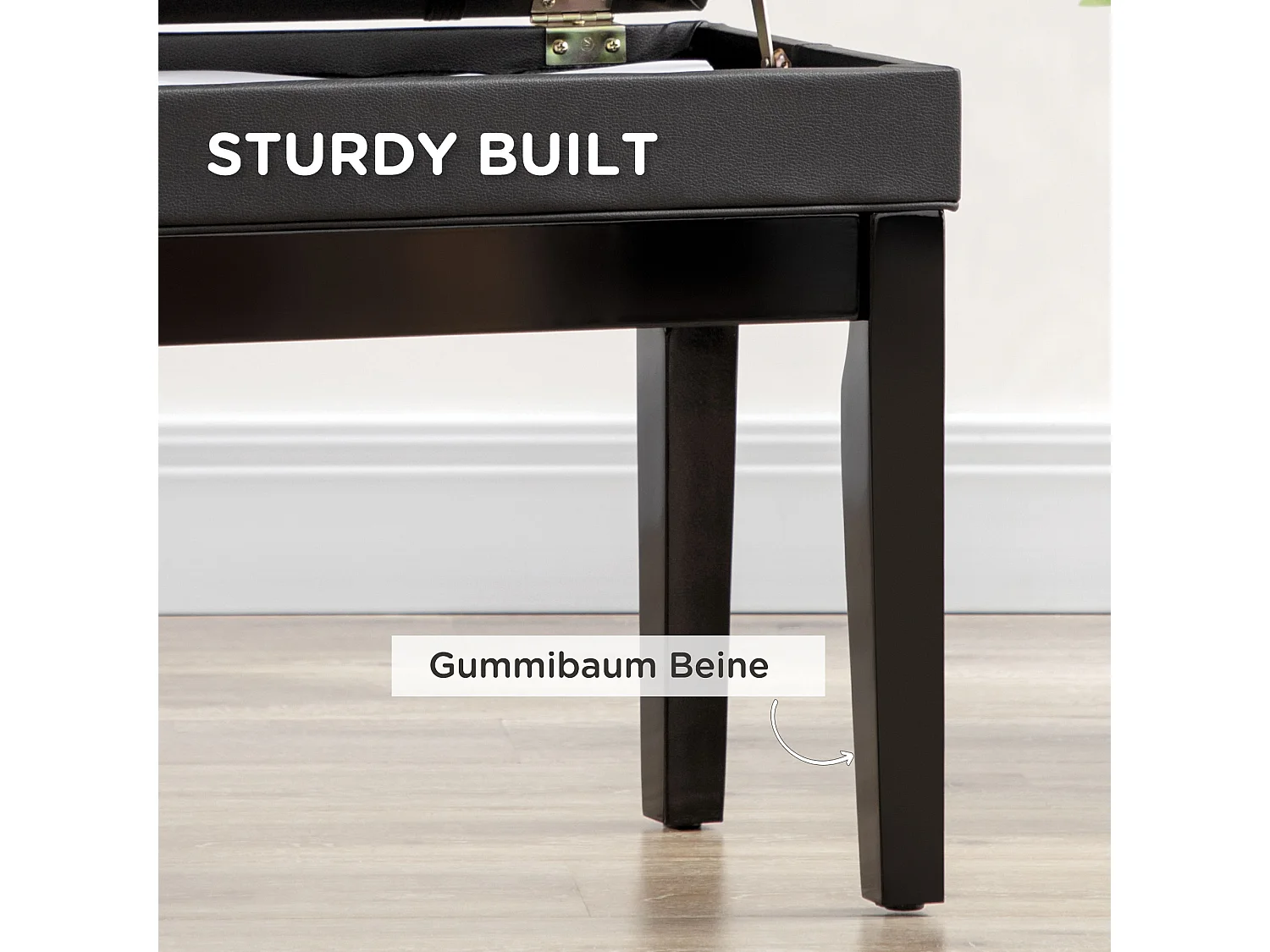 Banc de piano réglable avec espace de rangement, coussin en cuir, structure en bois, noir (63x35x46-56 cm)