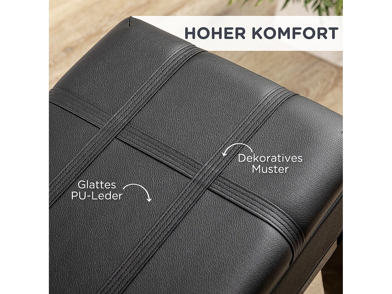 Banc de piano réglable avec espace de rangement, coussin en cuir, structure en bois, noir (63x35x46-56 cm)