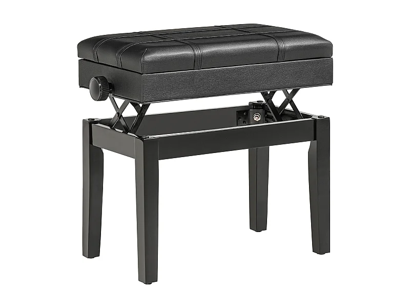 Banc de piano réglable avec espace de rangement, coussin en cuir, structure en bois, noir (63x35x46-56 cm)