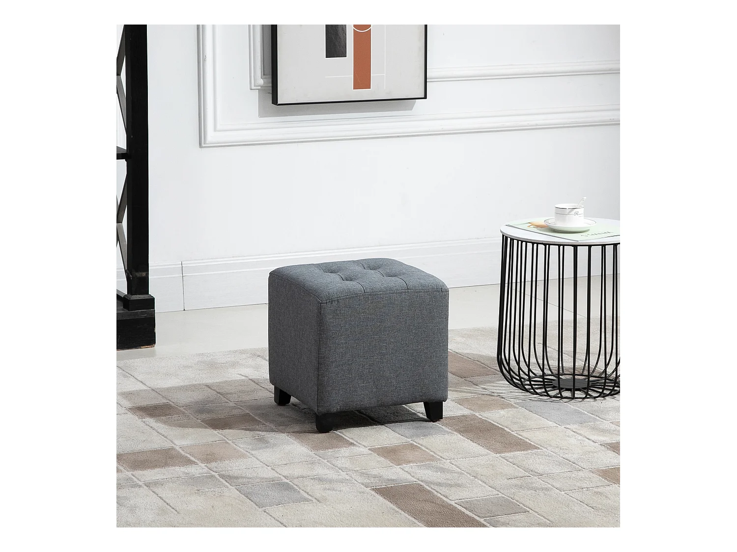 Quadratischer Pouf, Stoff in Leinenoptik, Holzbeine, grau (35x35x35 cm)