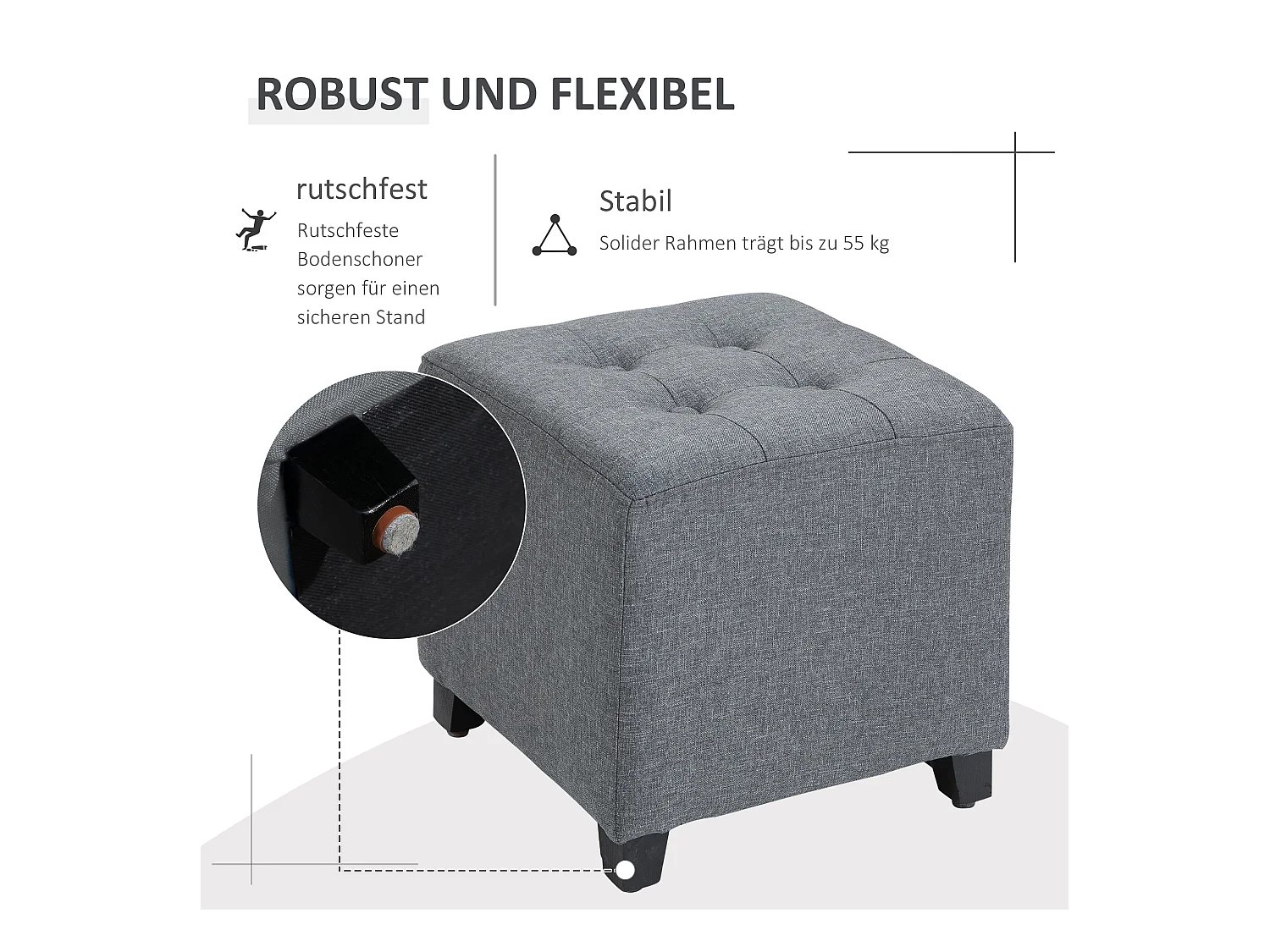 Quadratischer Pouf, Stoff in Leinenoptik, Holzbeine, grau (35x35x35 cm)