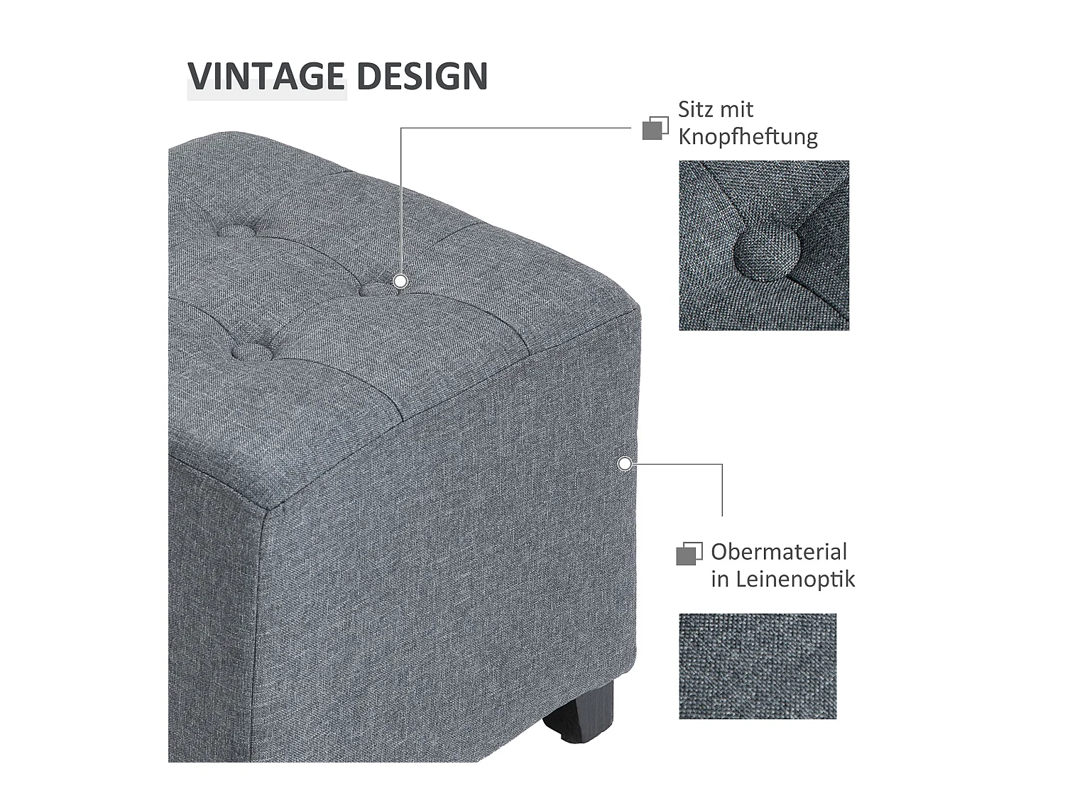 Quadratischer Pouf, Stoff in Leinenoptik, Holzbeine, grau (35x35x35 cm)