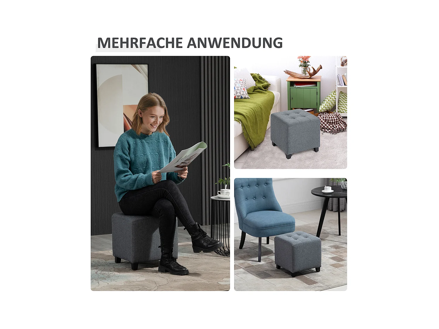 Quadratischer Pouf, Stoff in Leinenoptik, Holzbeine, grau (35x35x35 cm)