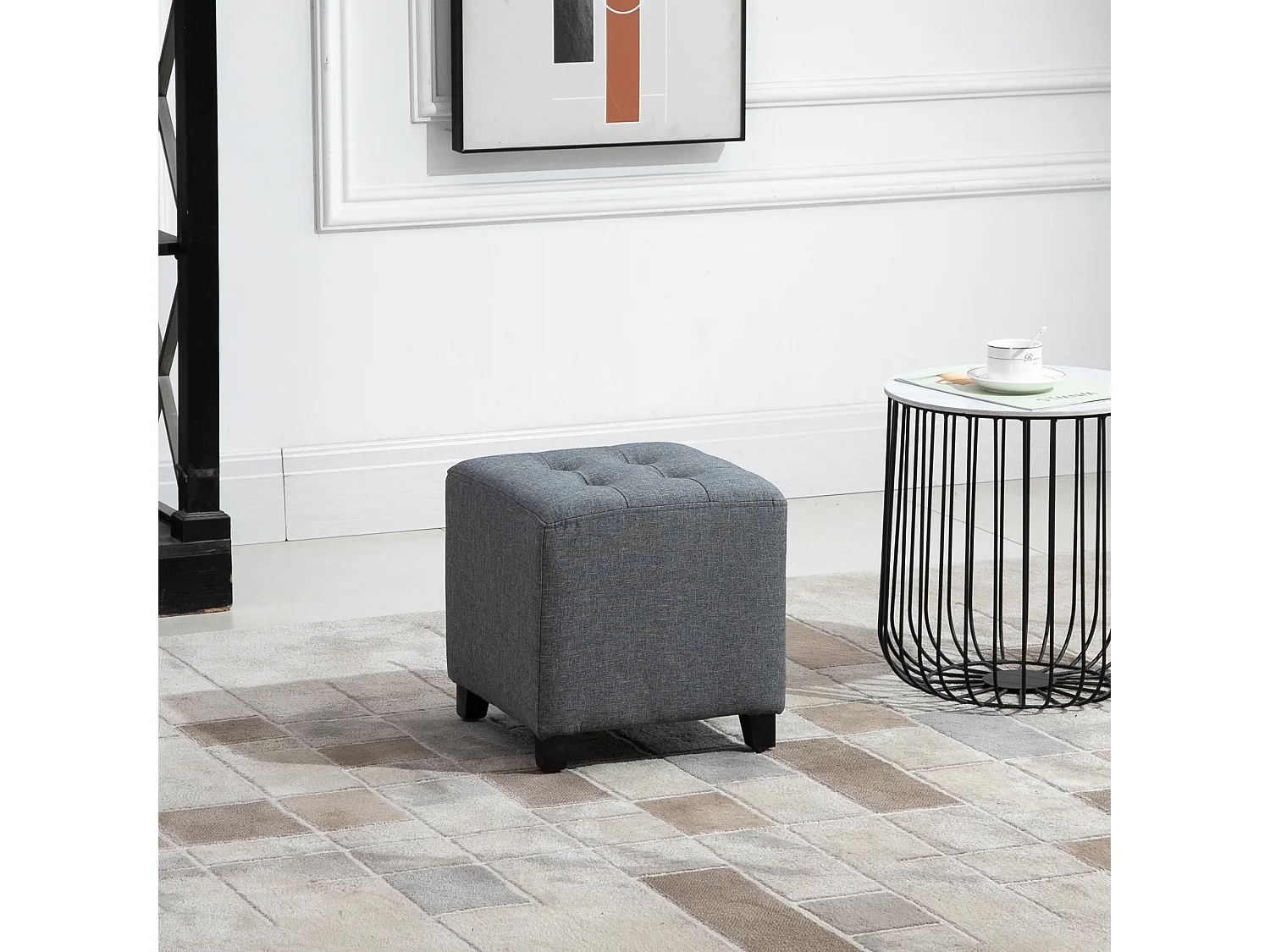 Pouf carré, tissu à effet lin, pieds en bois, gris (35x35x35 cm)