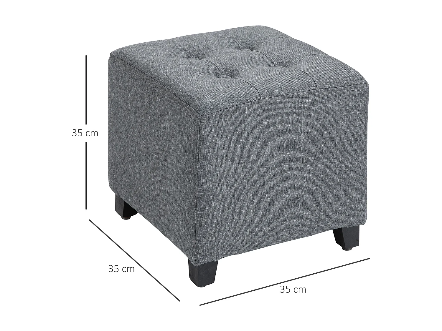 Pouf carré, tissu à effet lin, pieds en bois, gris (35x35x35 cm)