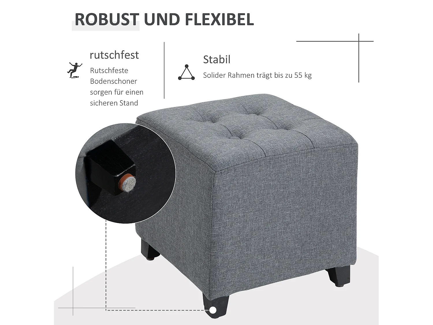 Pouf carré, tissu à effet lin, pieds en bois, gris (35x35x35 cm)