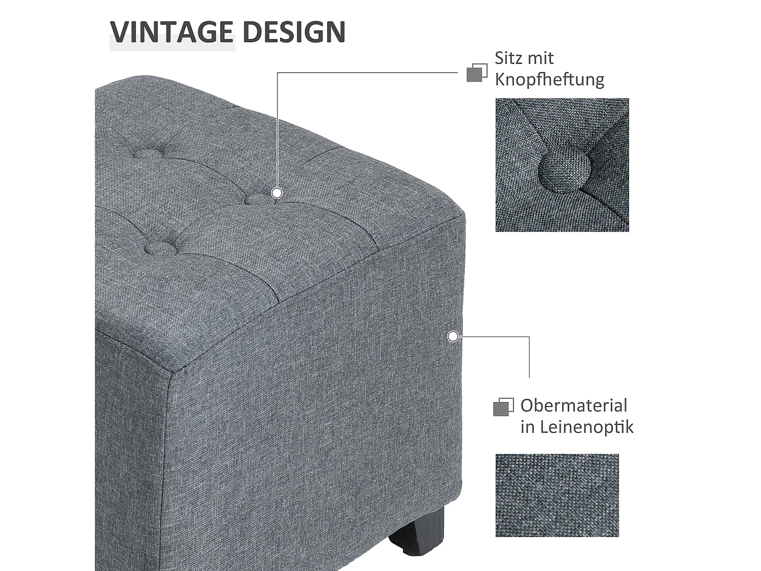 Pouf carré, tissu à effet lin, pieds en bois, gris (35x35x35 cm)