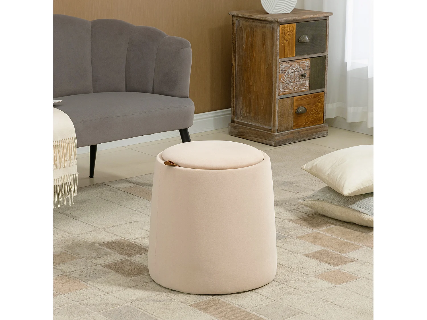 Pouf ottomane rond avec rangement, tissu velours, beige (44x44x47.5cm)