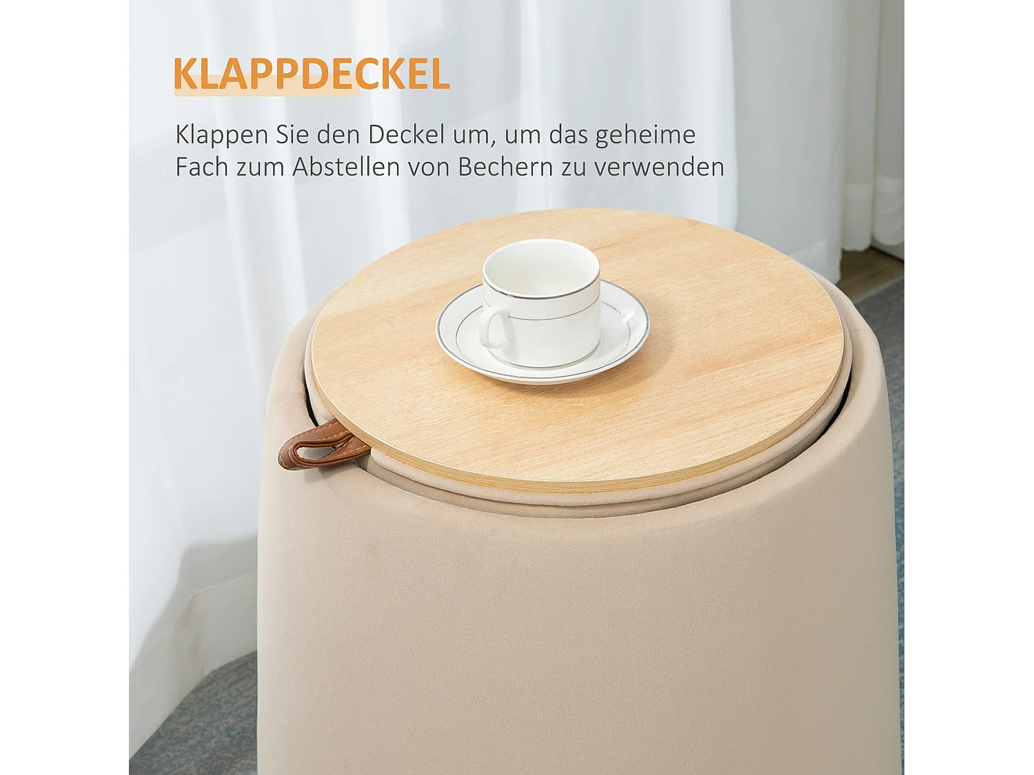 Pouf ottomane rond avec rangement, tissu velours, beige (44x44x47.5cm)