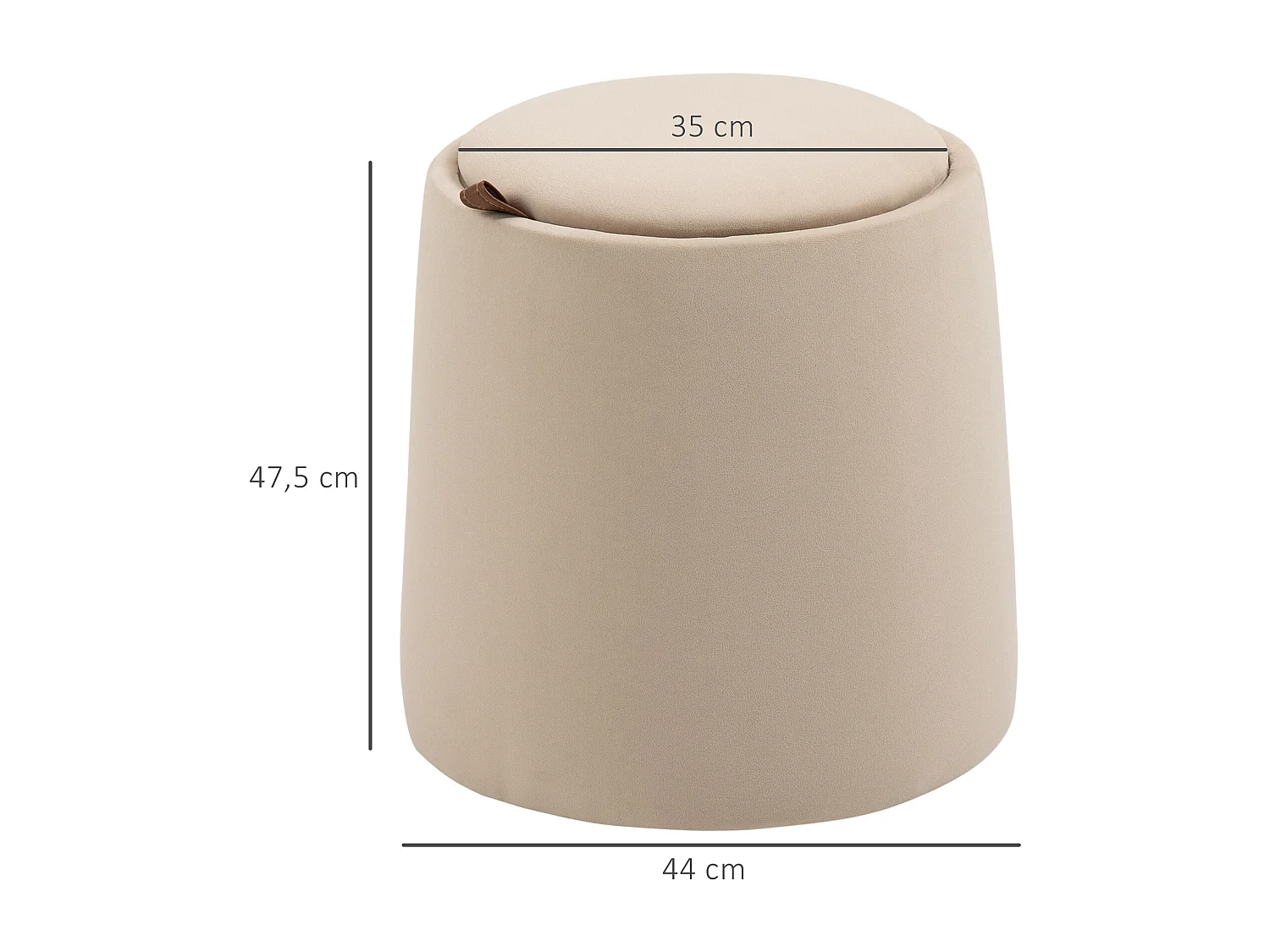 Pouf ottomane rond avec rangement, tissu velours, beige (44x44x47.5cm)