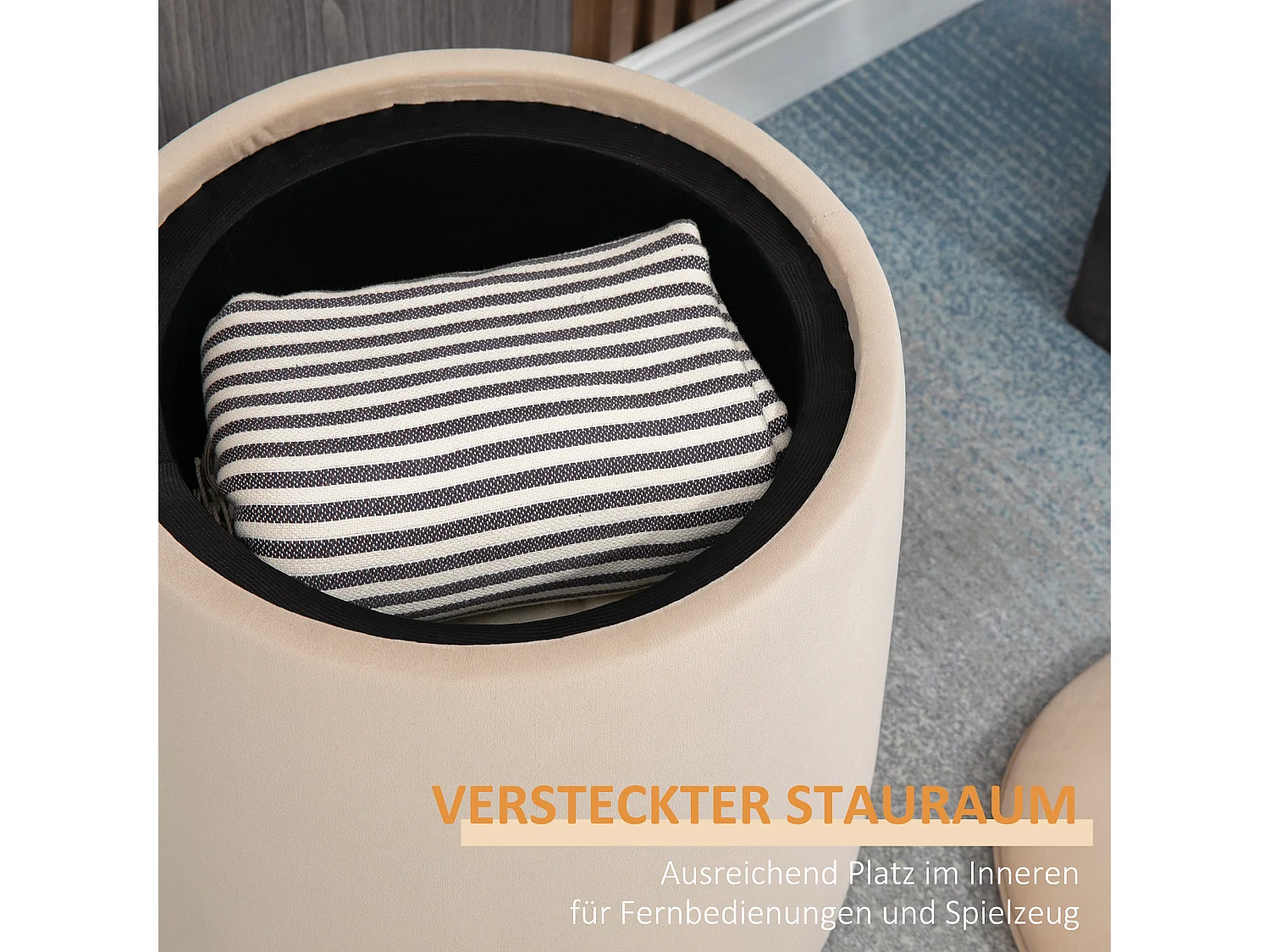 Pouf ottomane rond avec rangement, tissu velours, beige (44x44x47.5cm)