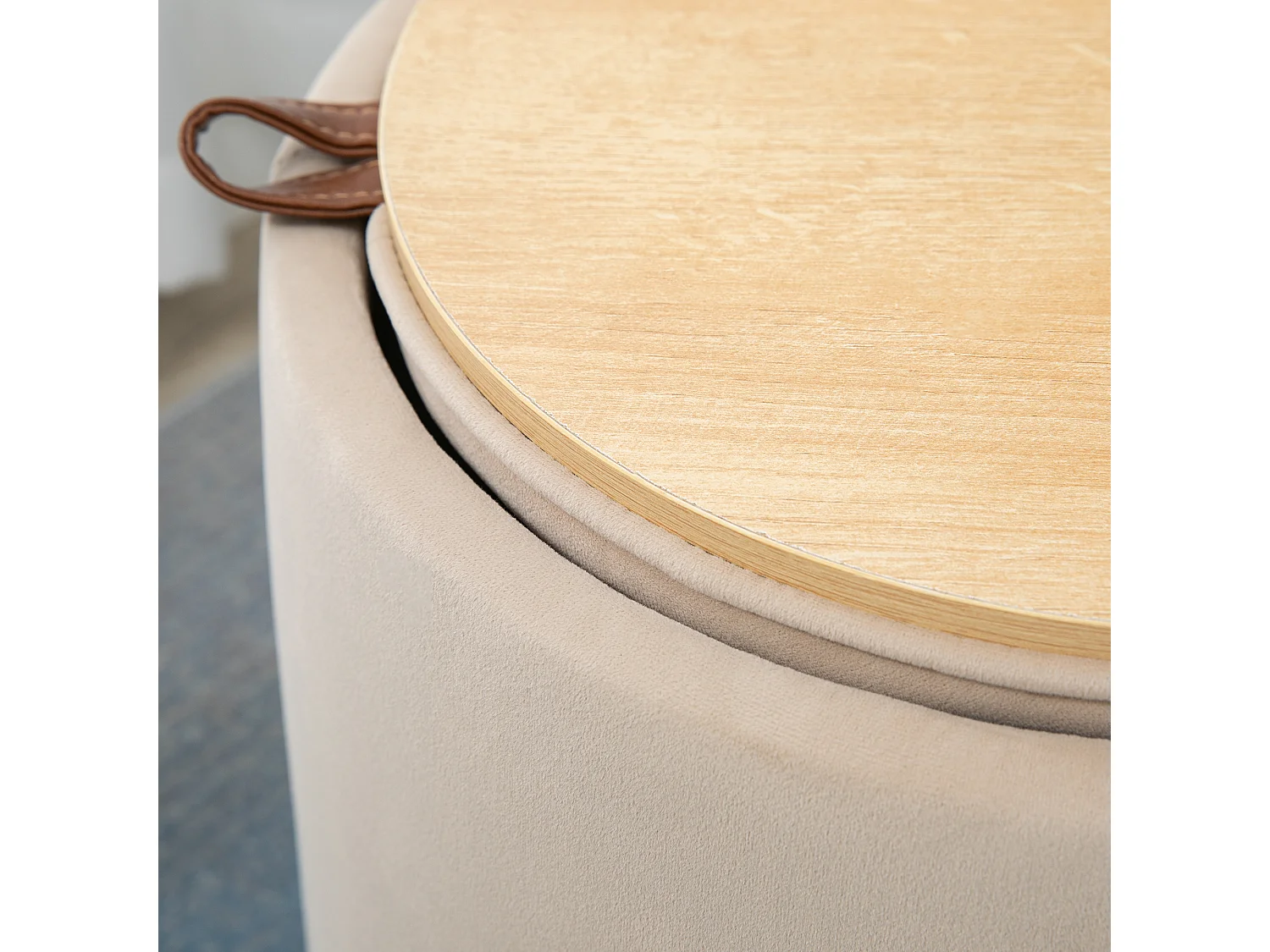 Pouf ottomane rond avec rangement, tissu velours, beige (44x44x47.5cm)