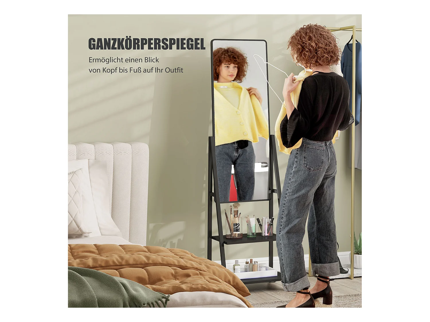 Miroir sur pied avec étagères, structure acier, noir, roulettes freinables (42x37x155cm)