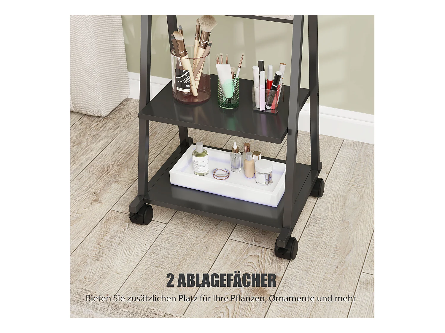 Miroir sur pied avec étagères, structure acier, noir, roulettes freinables (42x37x155cm)