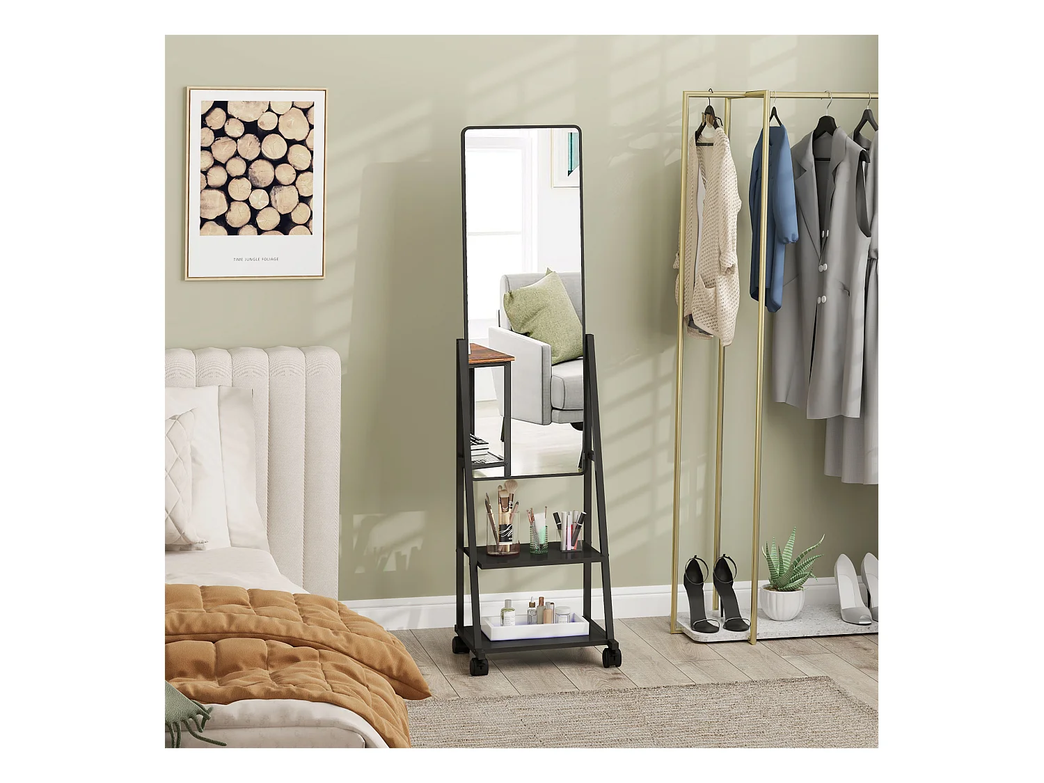 Miroir sur pied avec étagères, structure acier, noir, roulettes freinables (42x37x155cm)