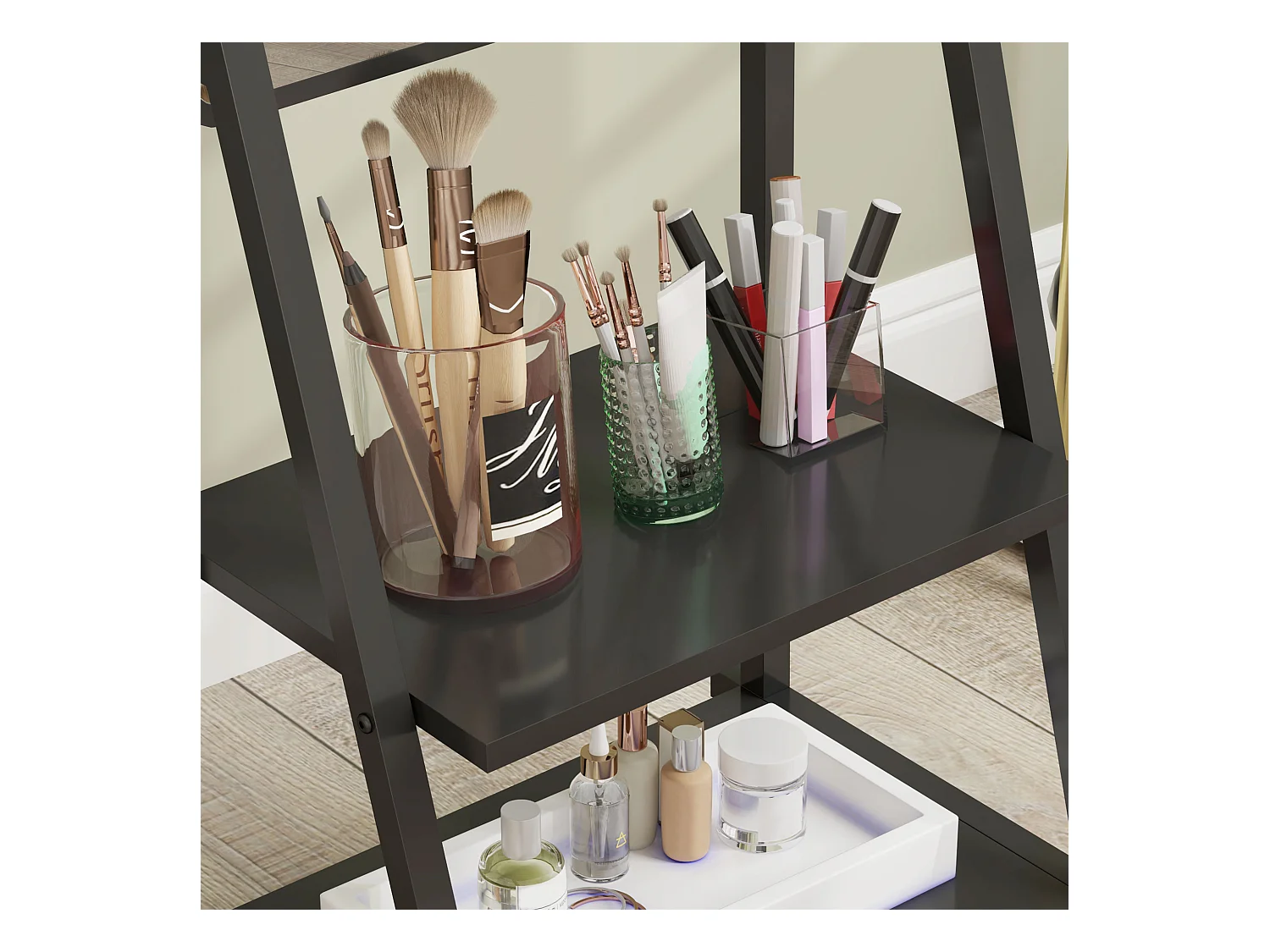 Miroir sur pied avec étagères, structure acier, noir, roulettes freinables (42x37x155cm)