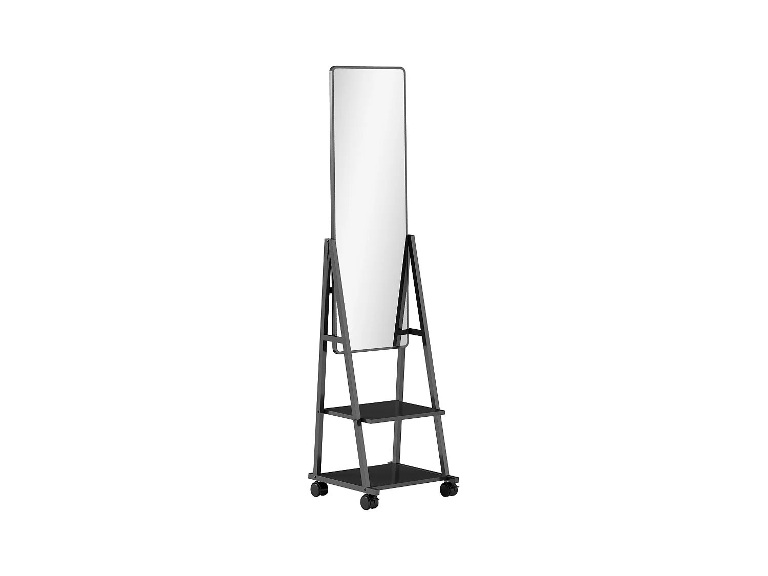 Specchio da appoggio con ripiani, struttura in acciaio, nero, ruote frenabili (42x37x155cm)