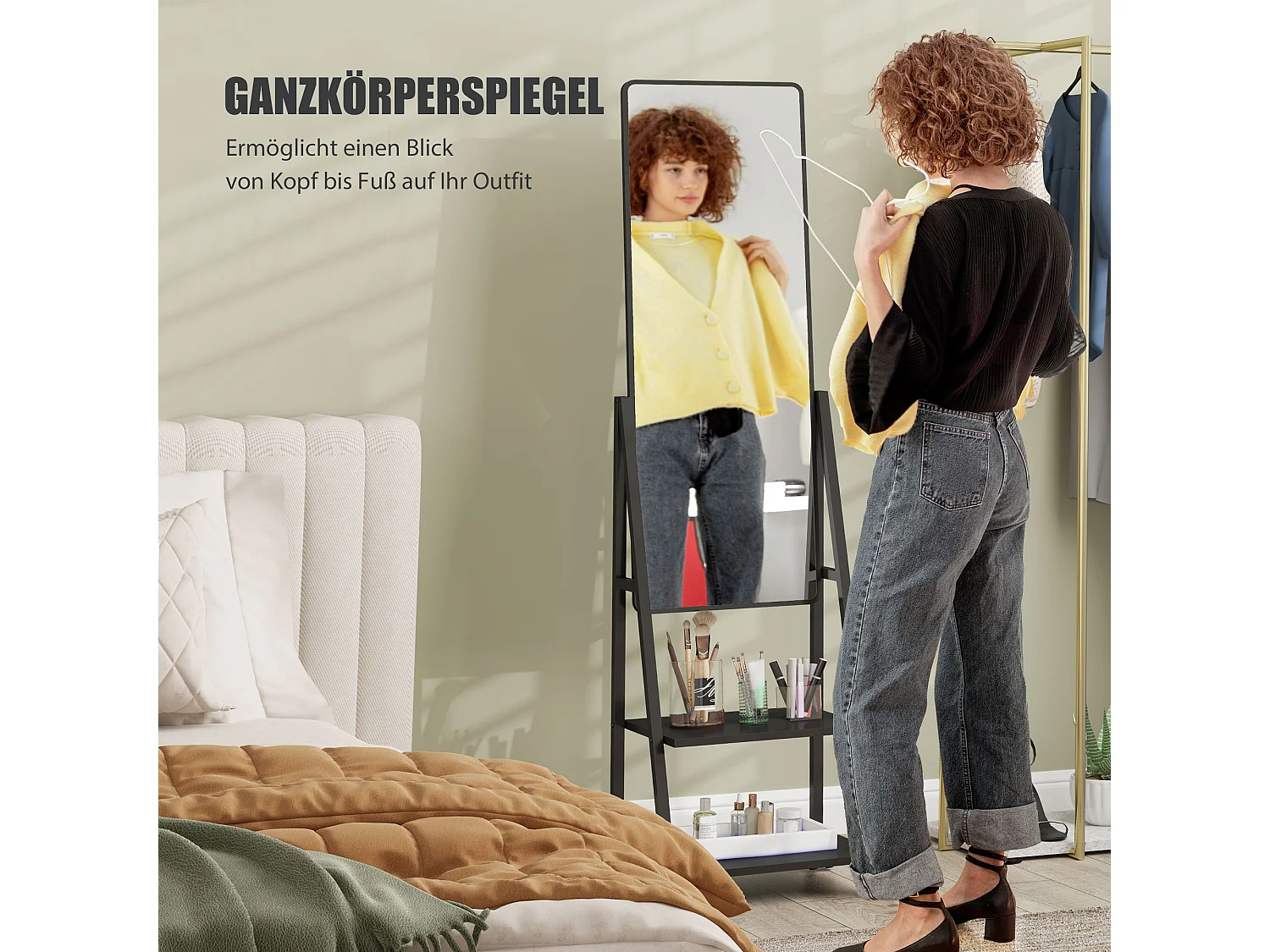 Specchio da appoggio con ripiani, struttura in acciaio, nero, ruote frenabili (42x37x155cm)