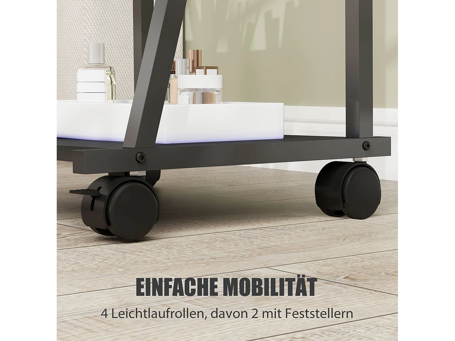 Specchio da appoggio con ripiani, struttura in acciaio, nero, ruote frenabili (42x37x155cm)