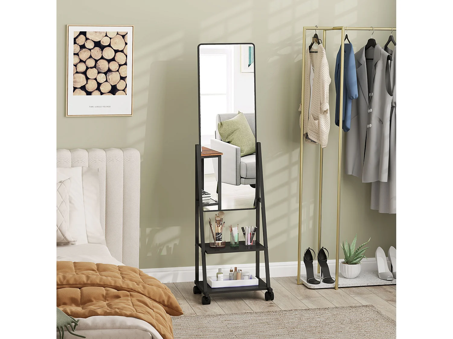 Specchio da appoggio con ripiani, struttura in acciaio, nero, ruote frenabili (42x37x155cm)