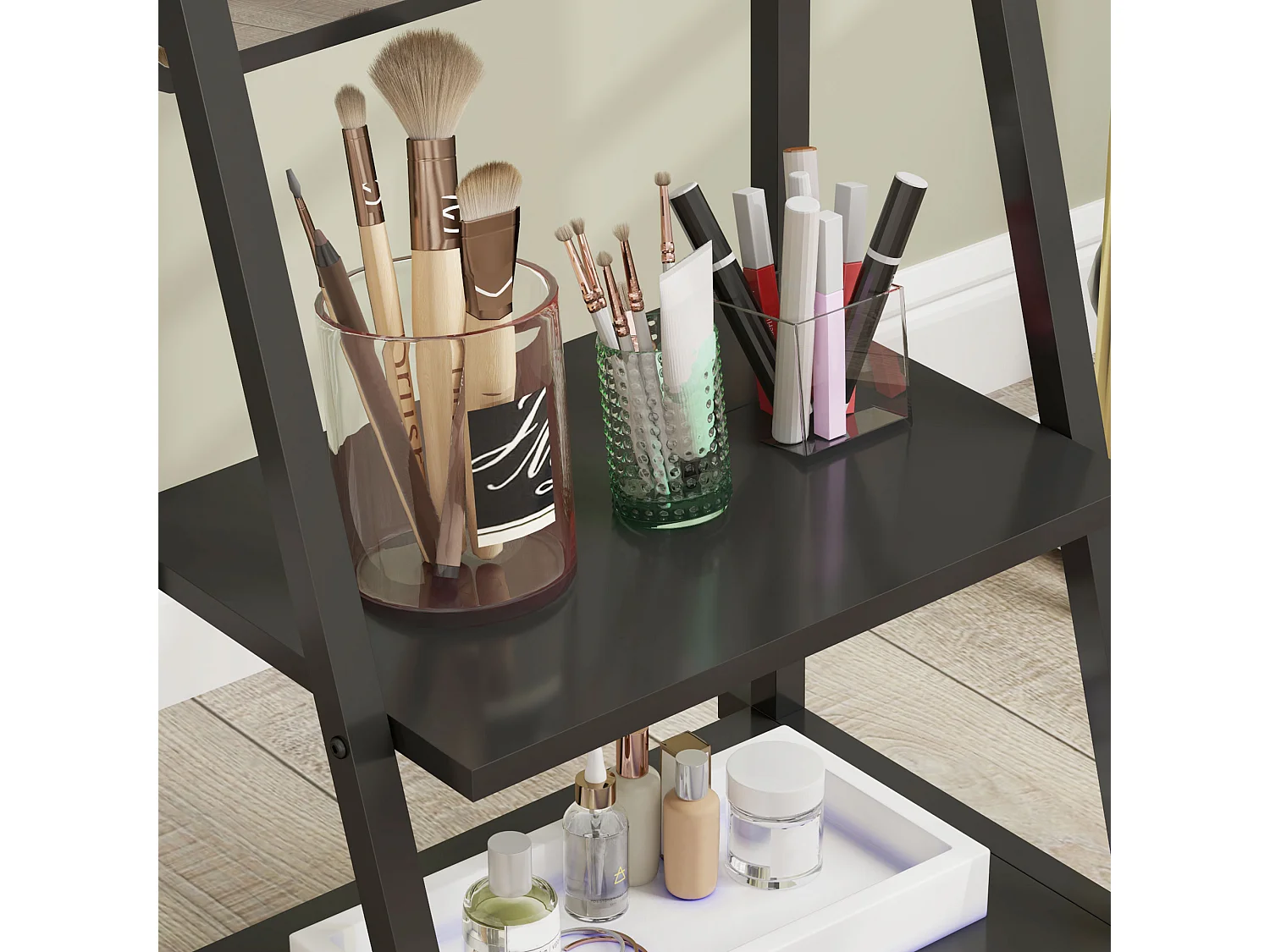 Specchio da appoggio con ripiani, struttura in acciaio, nero, ruote frenabili (42x37x155cm)