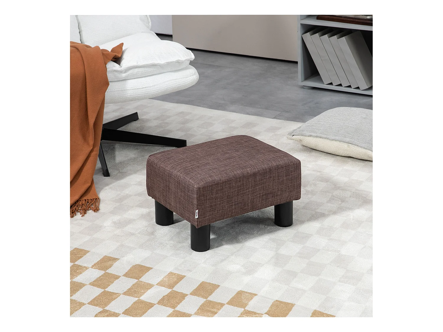 Pouf rectangulaire en lin, robuste 110kg, marron, cadre bois massif (40x30x24cm)