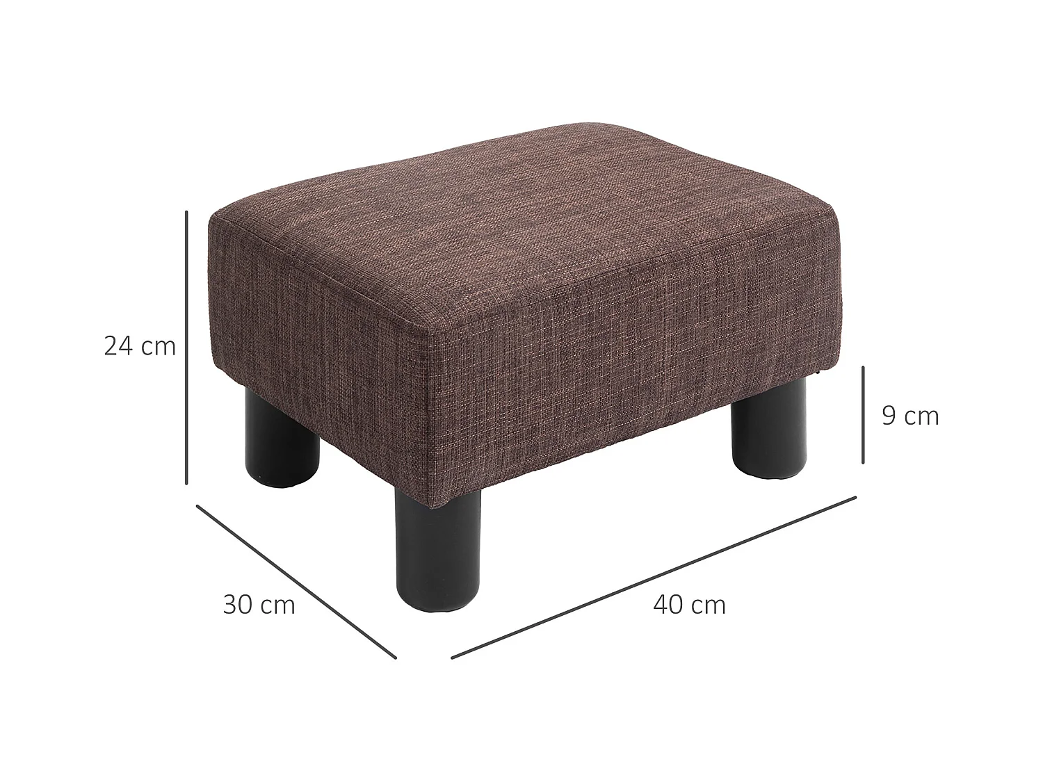 Pouf rectangulaire en lin, robuste 110kg, marron, cadre bois massif (40x30x24cm)