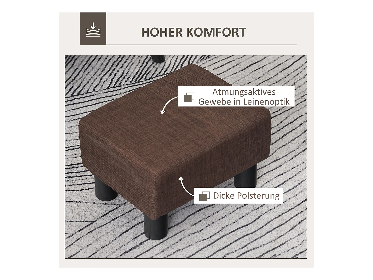 Pouf rectangulaire en lin, robuste 110kg, marron, cadre bois massif (40x30x24cm)
