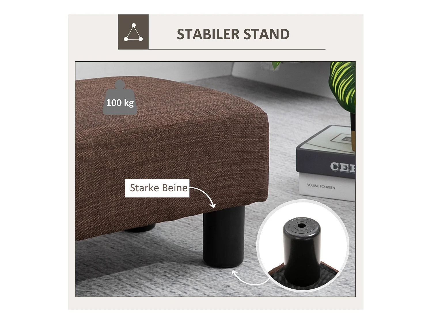 Pouf rectangulaire en lin, robuste 110kg, marron, cadre bois massif (40x30x24cm)