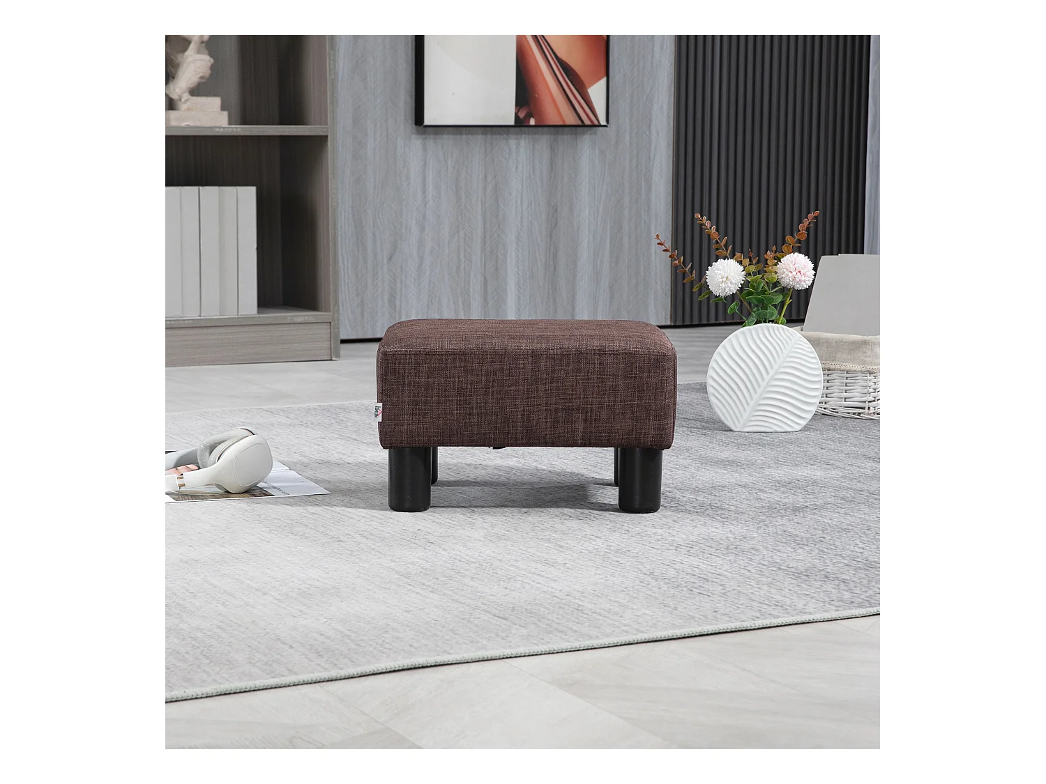 Pouf rectangulaire en lin, robuste 110kg, marron, cadre bois massif (40x30x24cm)