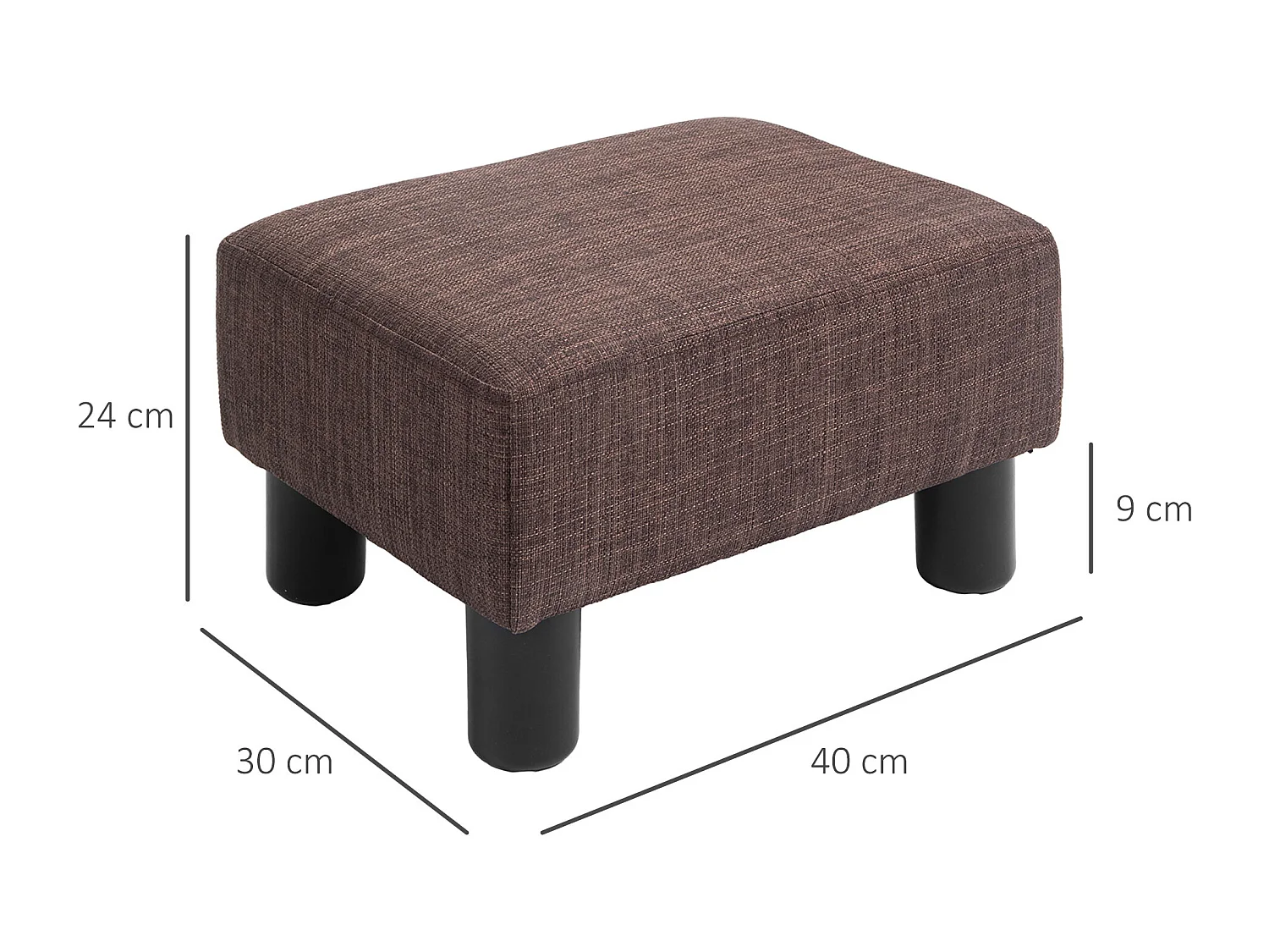 Pouf rectangulaire en lin, robuste 110kg, marron, cadre bois massif (40x30x24cm)