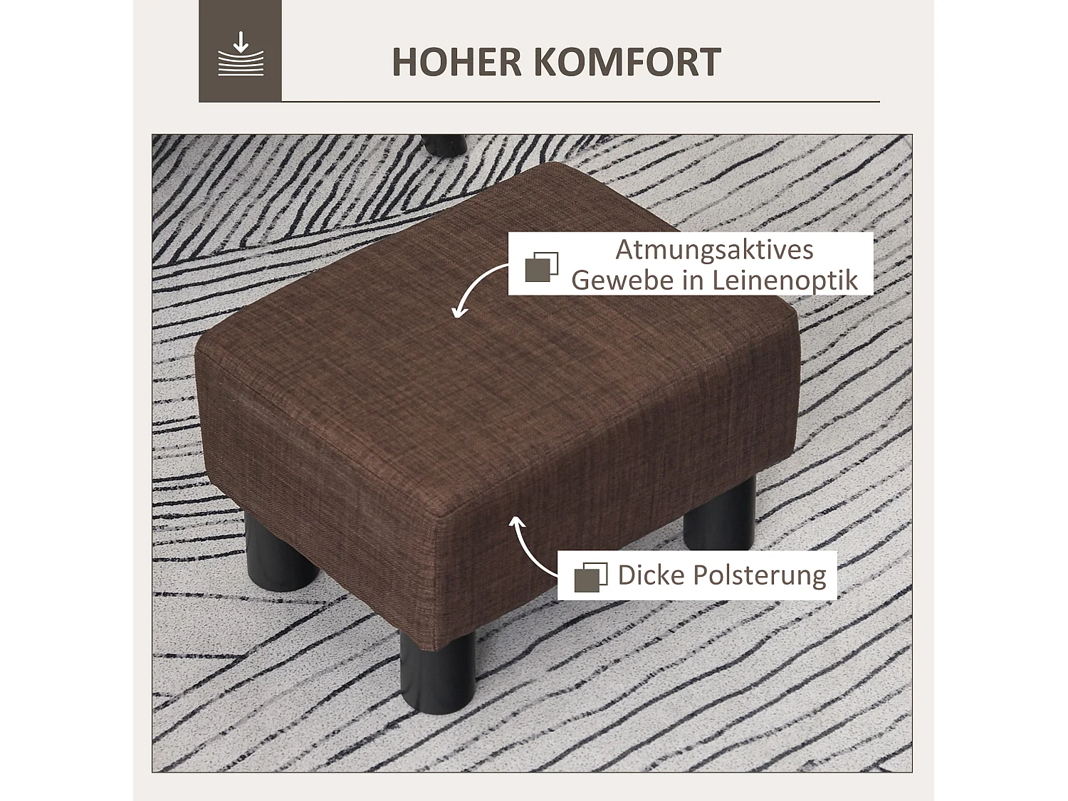 Pouf rectangulaire en lin, robuste 110kg, marron, cadre bois massif (40x30x24cm)