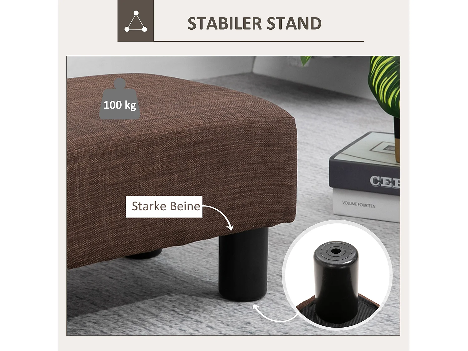 Pouf rectangulaire en lin, robuste 110kg, marron, cadre bois massif (40x30x24cm)