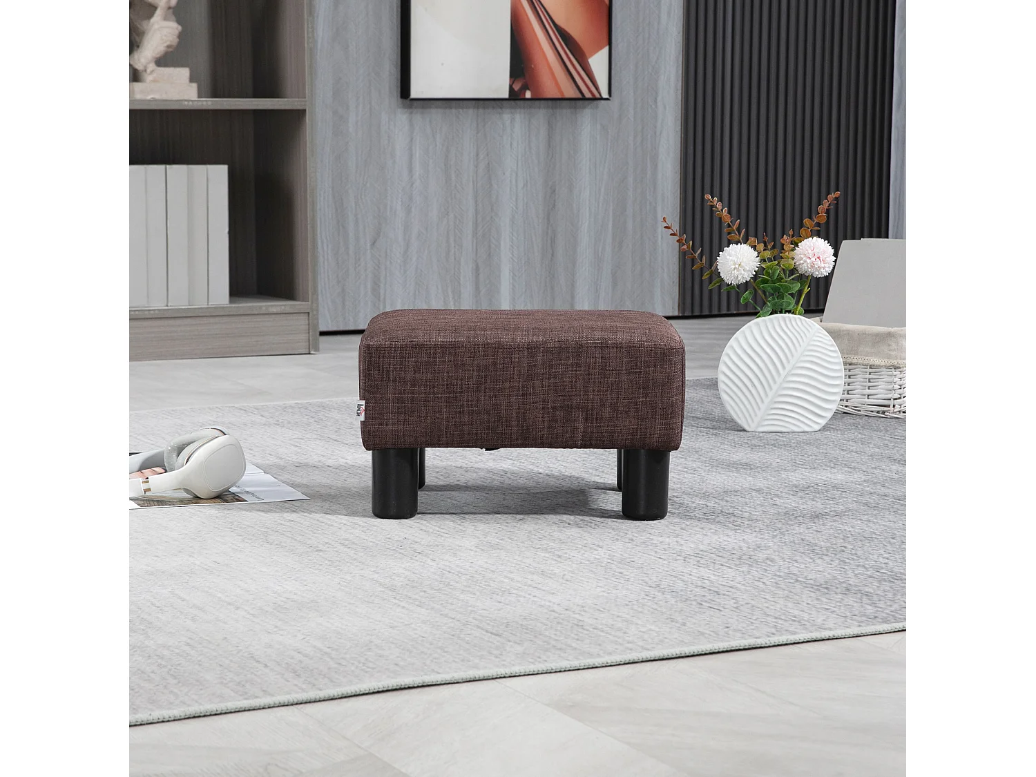 Pouf rectangulaire en lin, robuste 110kg, marron, cadre bois massif (40x30x24cm)