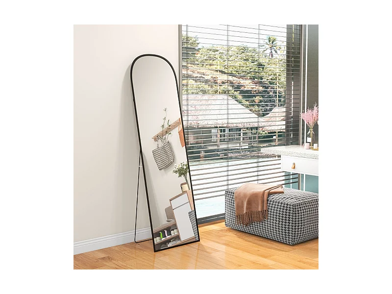 Miroir sur pied, courbé, avec verre incassable et cadre en aluminium, pour salon, chambre, couloir, noir (169x49 cm)
