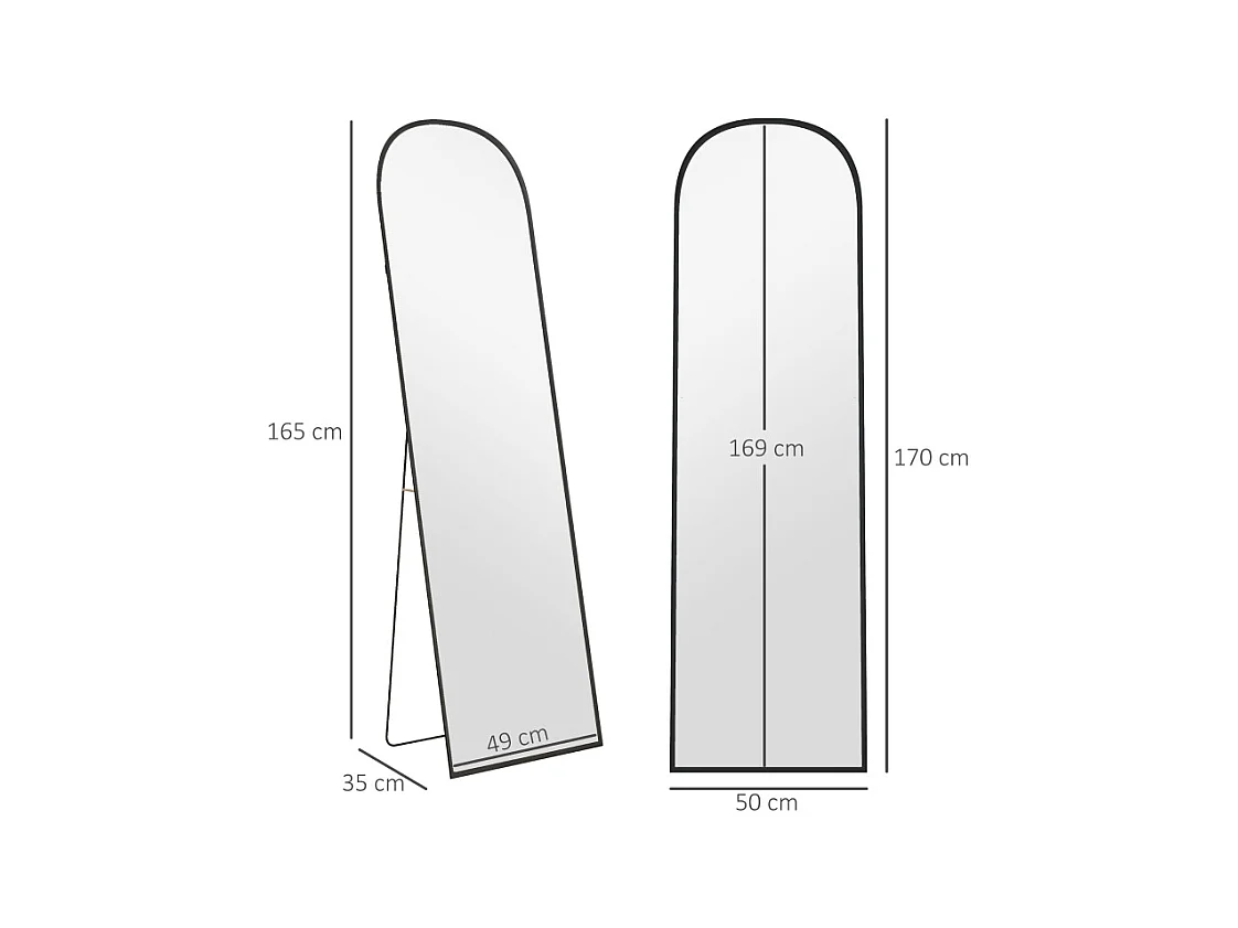 Miroir sur pied, courbé, avec verre incassable et cadre en aluminium, pour salon, chambre, couloir, noir (169x49 cm)