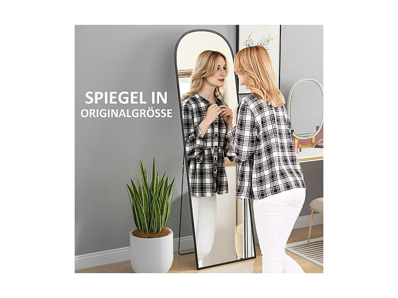 Miroir sur pied, courbé, avec verre incassable et cadre en aluminium, pour salon, chambre, couloir, noir (169x49 cm)