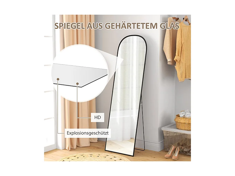 Miroir sur pied, courbé, avec verre incassable et cadre en aluminium, pour salon, chambre, couloir, noir (169x49 cm)