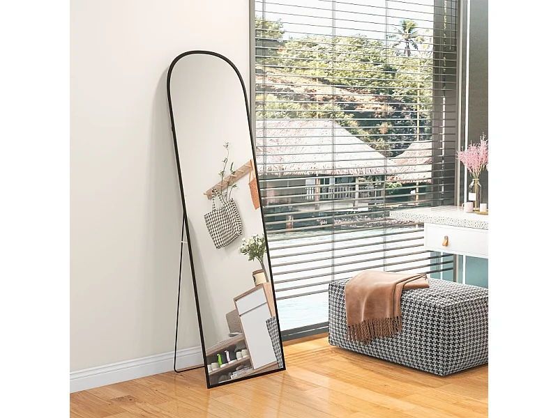Specchio da appoggio, curvo, con vetro infrangibile e cornice in alluminio, per soggiorno, camera da letto, corridoio, nero (169x49 cm)