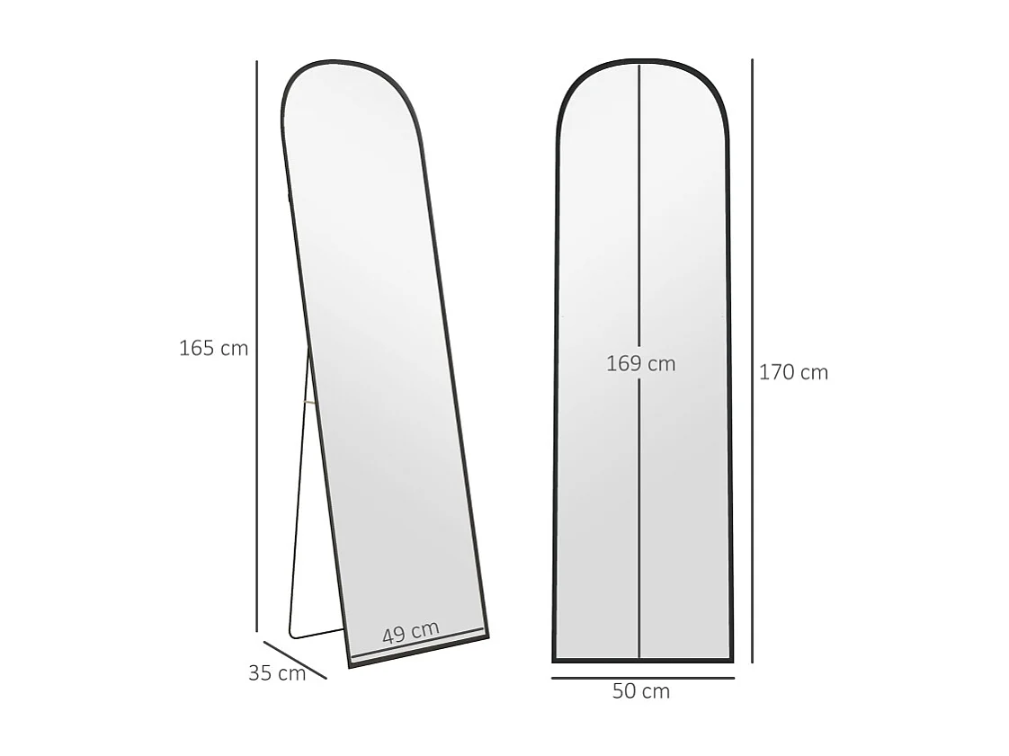 Specchio da appoggio, curvo, con vetro infrangibile e cornice in alluminio, per soggiorno, camera da letto, corridoio, nero (169x49 cm)